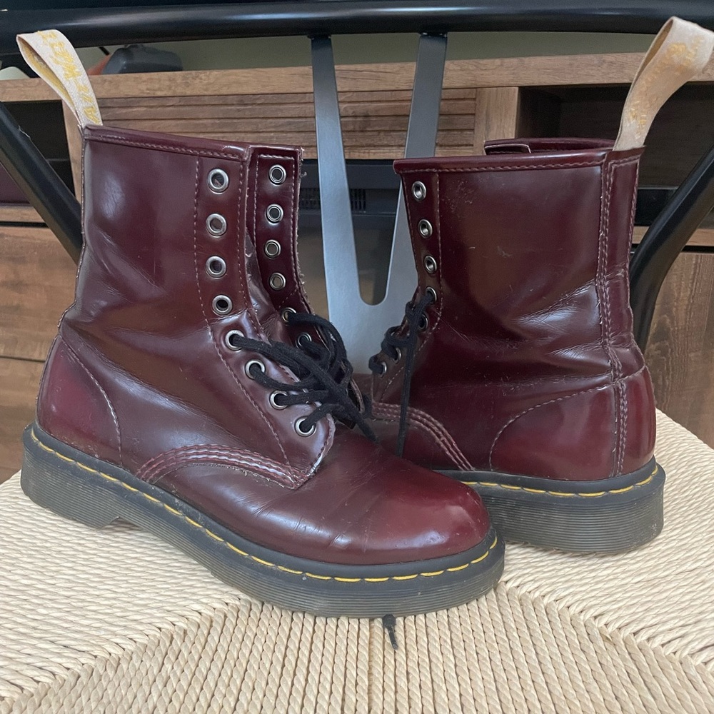 Cherry vegan doc martins broken in.